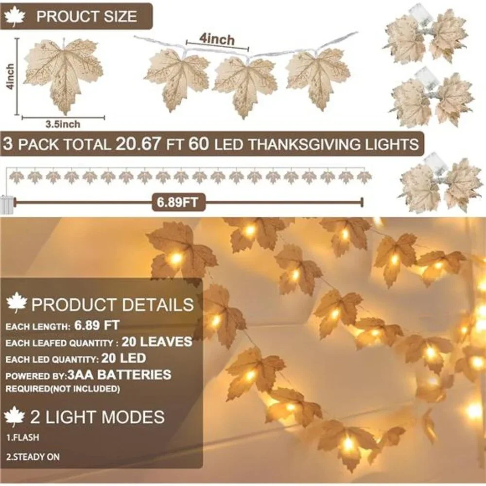 3 Pack Thanksgiving Decorations - Thanksgiving Garland with Lights Fall